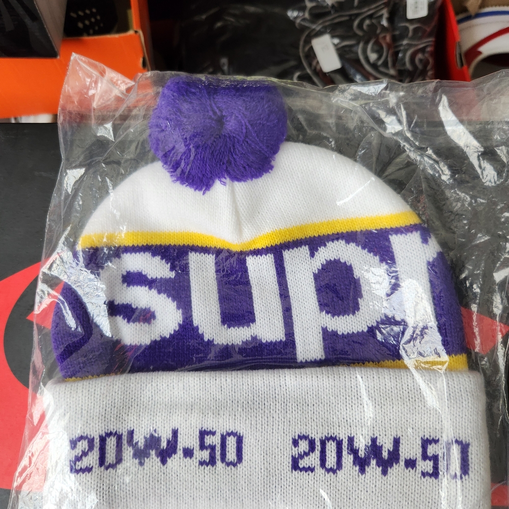 Supreme Purple and White Knit Hat